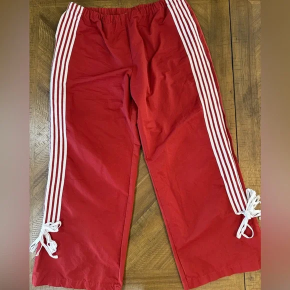 Cali1850 Muted Red Nylon Track Pants with White Stripe Ankle Ties Y2K NWOT - Picture 3 of 15